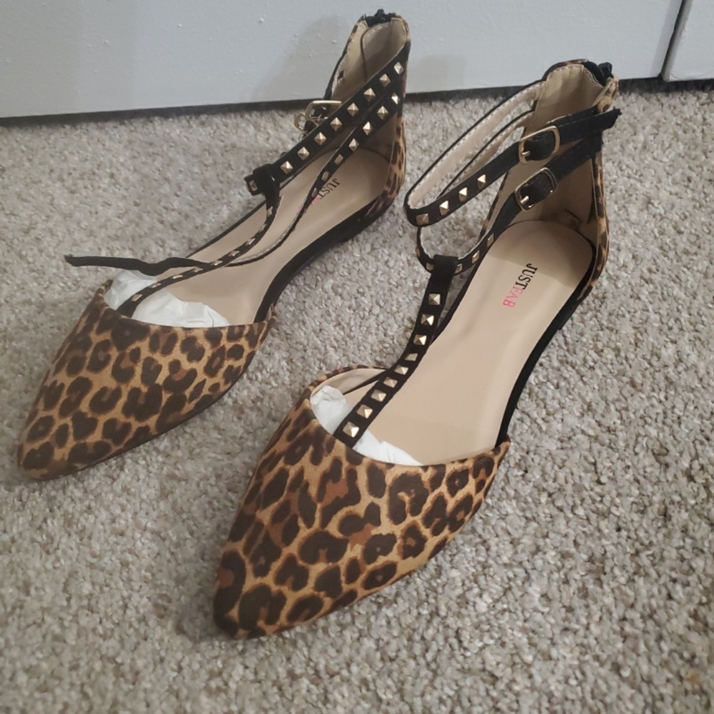 JustFab Leopard-Print Pointed-Toe Flats with Black Studded Straps